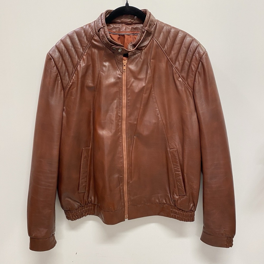 Vintage Cognac Brown Men's L? Moto Leather Jacket Cafe' Racer Snap Biker Collar‎